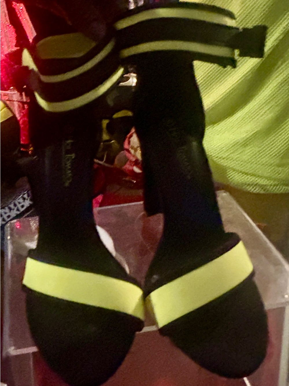 Women's Black Heeled Sandals with Neon Yellow Straps